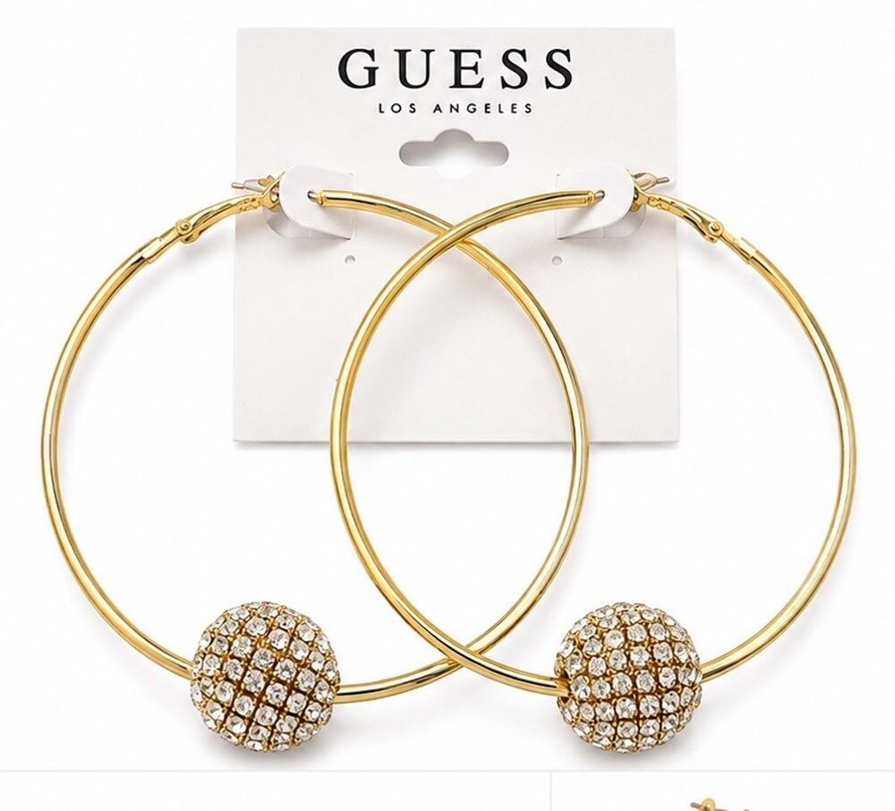 GUESS GOLD TONE LARGE HOOP EARRINGS CRYSTAL PAVE BALL STATEMENT NEW